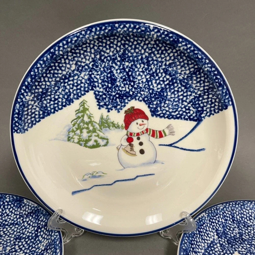 Thomson Pottery Dinner Plates Snowman Blue White‎ 10